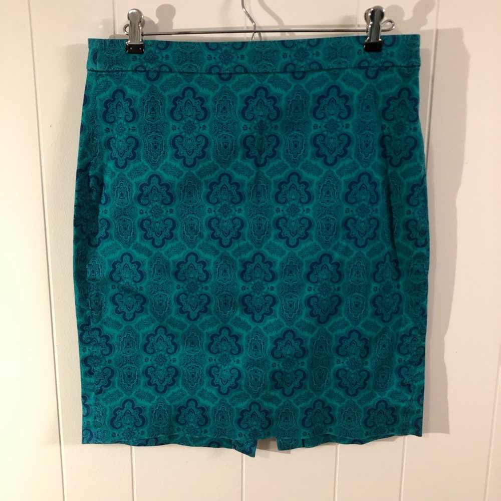 J Crew The Pencil Skirt Paisley Blue/Green Size 8